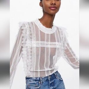 ZARA Lace Guipure Romantic Long Sleeve Blouse In White. Size XS NWT